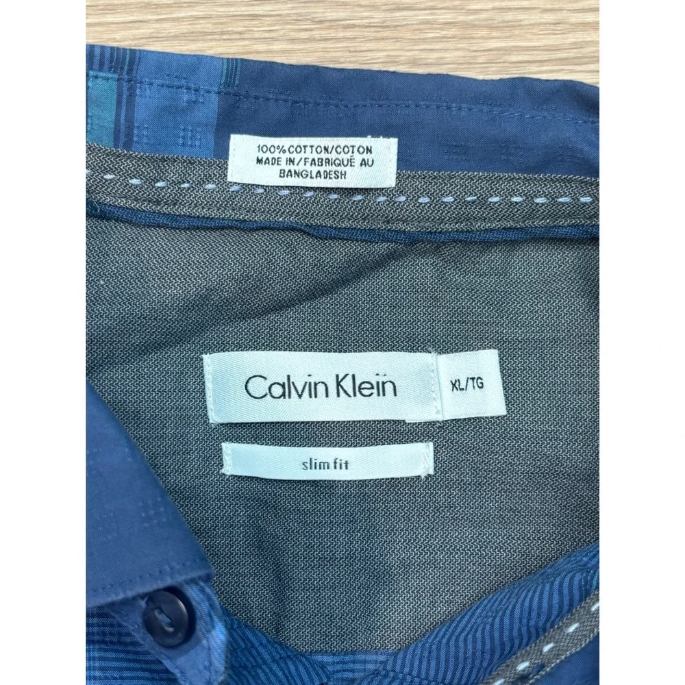 Calvin Klein Mens XL Slim Fit Blue Plaid Short Sleeve Button Down Cotton Shirt